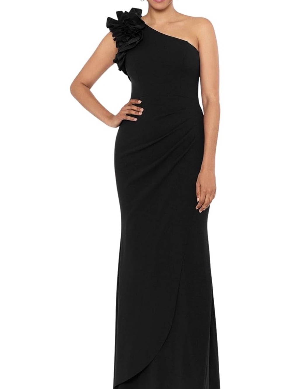 Xscape Black One-Shoulder Gown with Floral Shoulder Detail